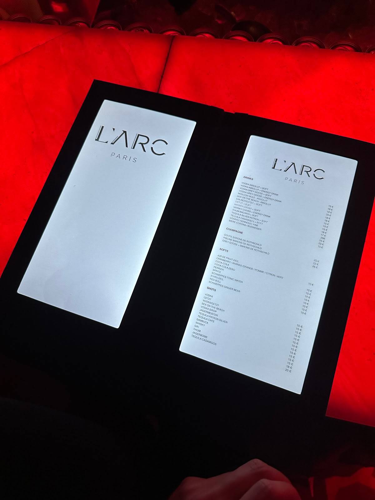 Menu de L'Arc Paris