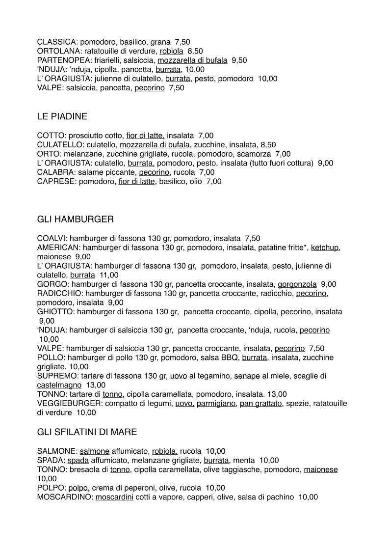 Menu di L'Oragiusta Moncalieri Bar Hamburgeria Tabaccheria 