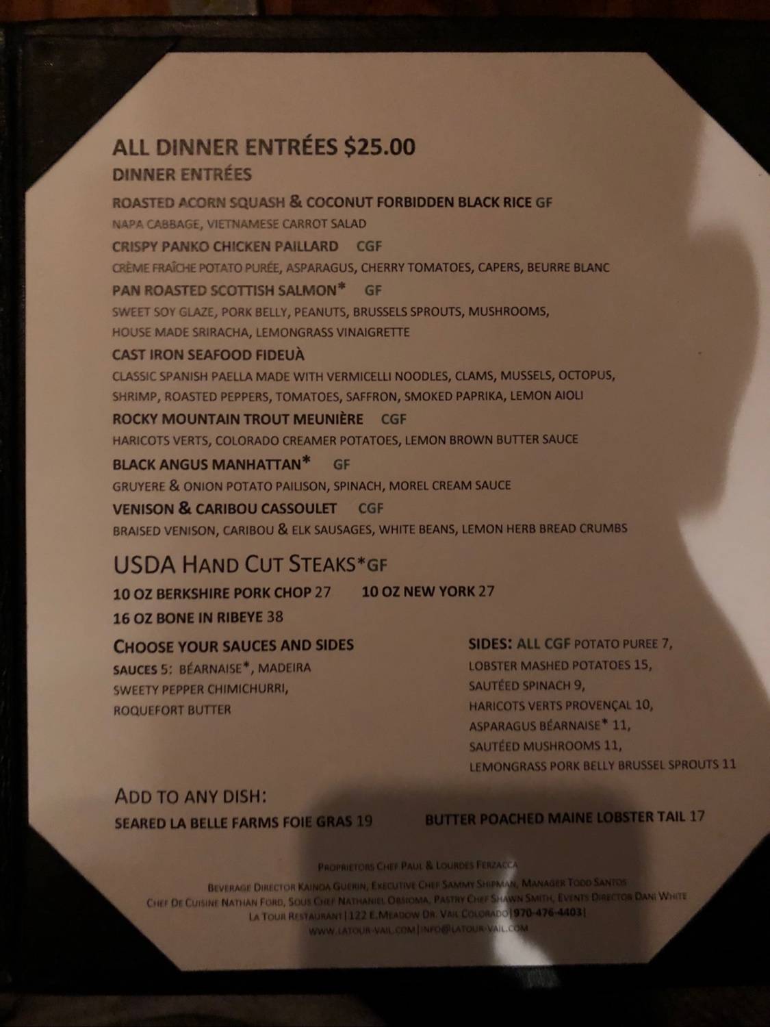 La Tour Restaurant menu