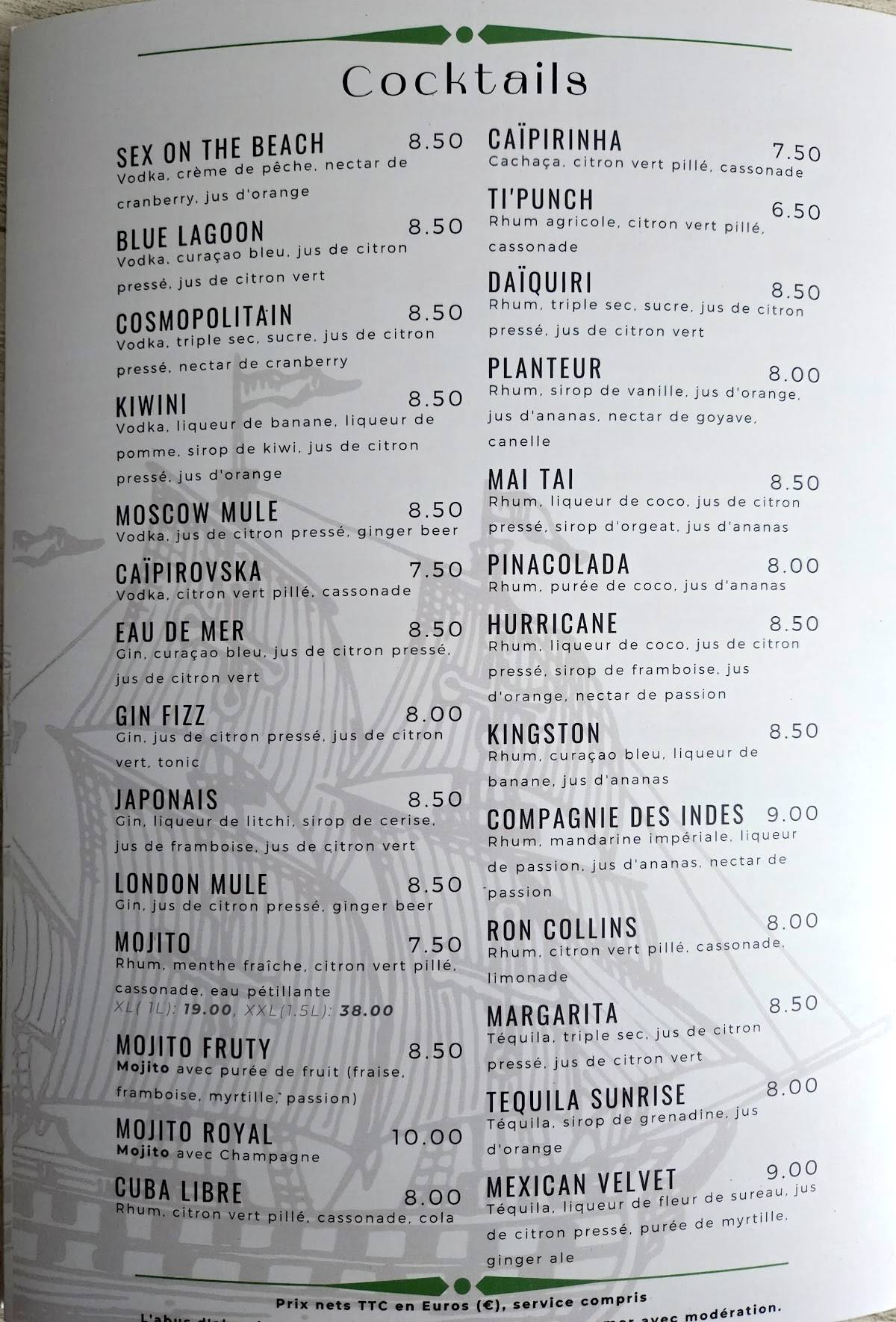 Menu de Le Benbow