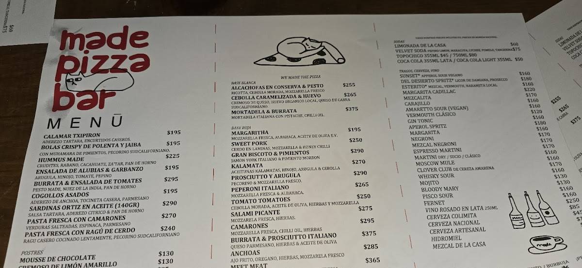 Menu at Made Pizza Bar, La Paz