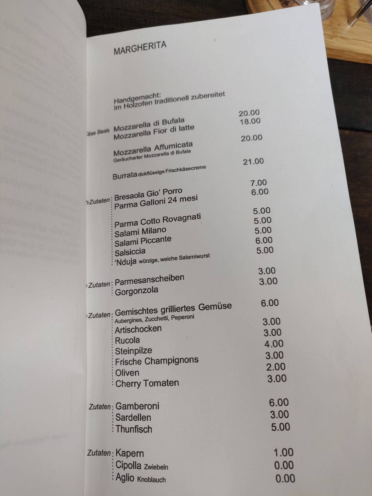 Menu di Restaurant Pizzeria Margherita 