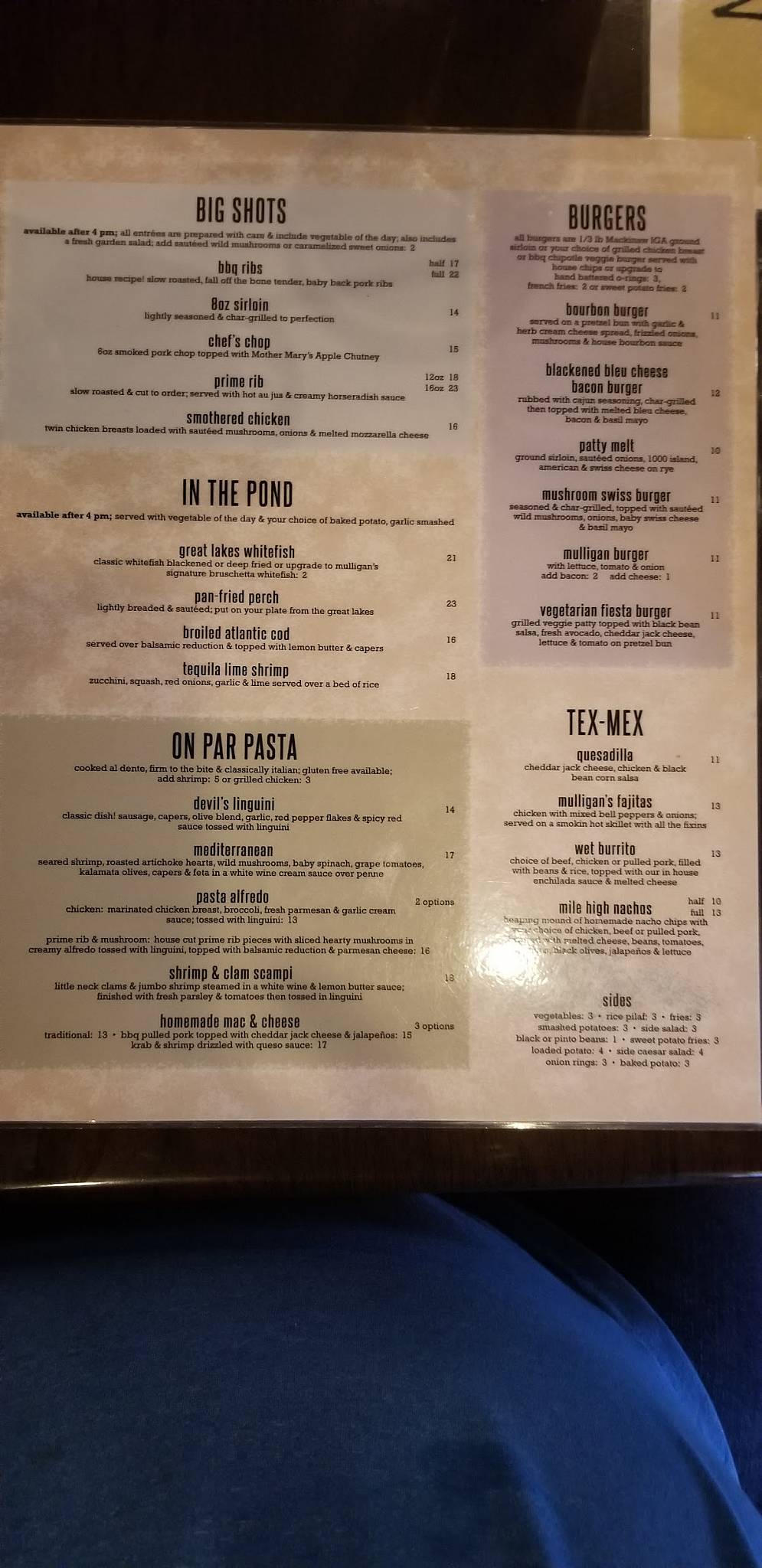 Menu at Mulligan's Restaurant, Cheboygan
