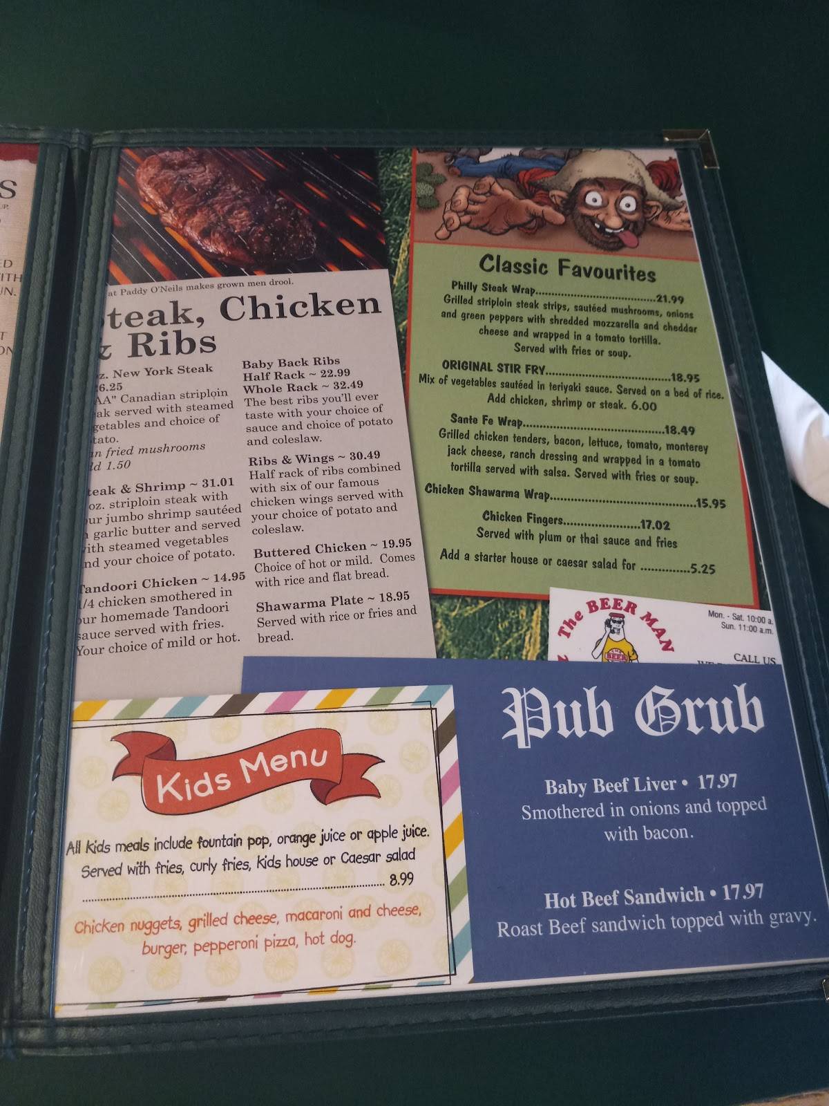 Menu de Paddy O'Neils Restaurant Pub