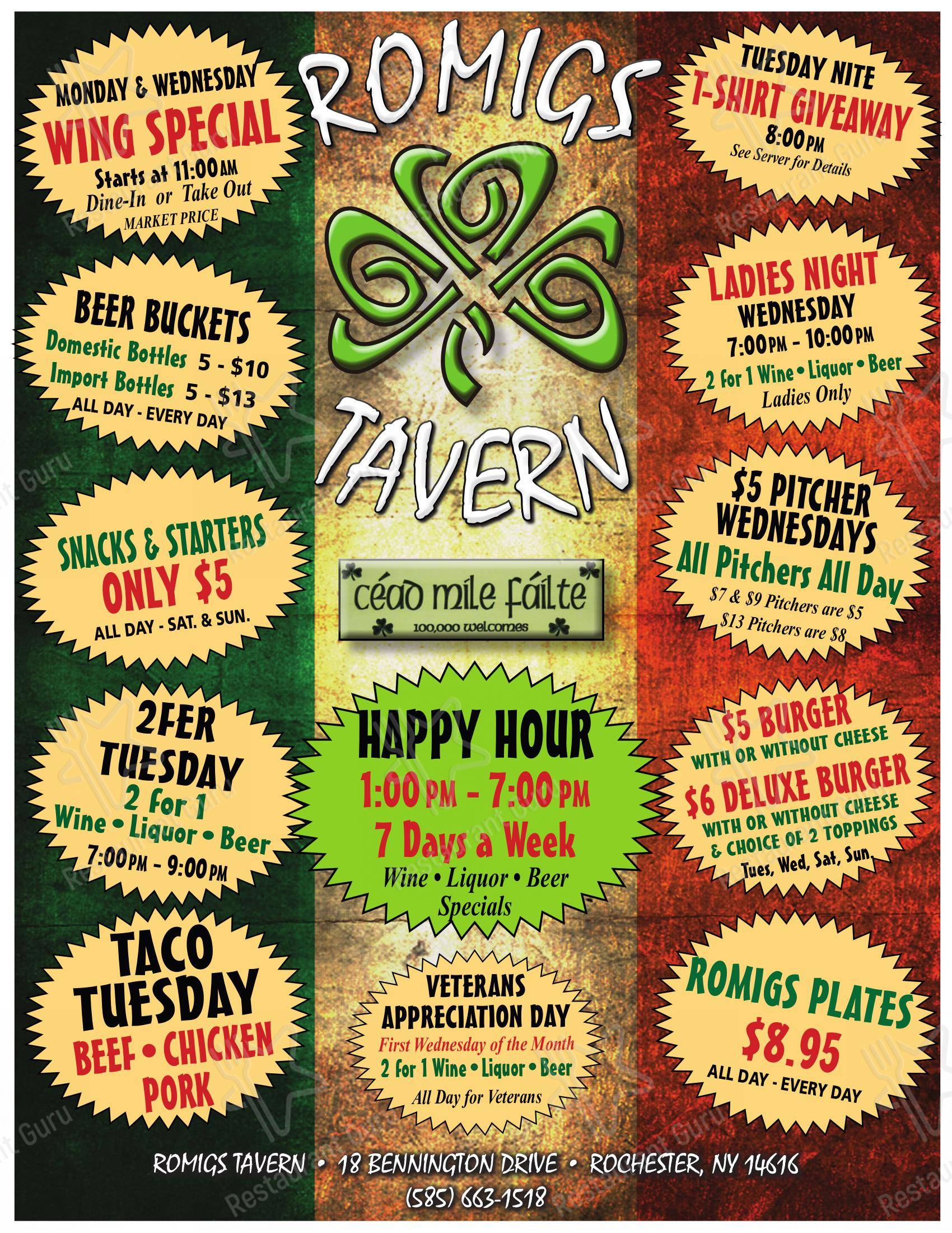 Menu at Romig's Tavern pub & bar, Rochester