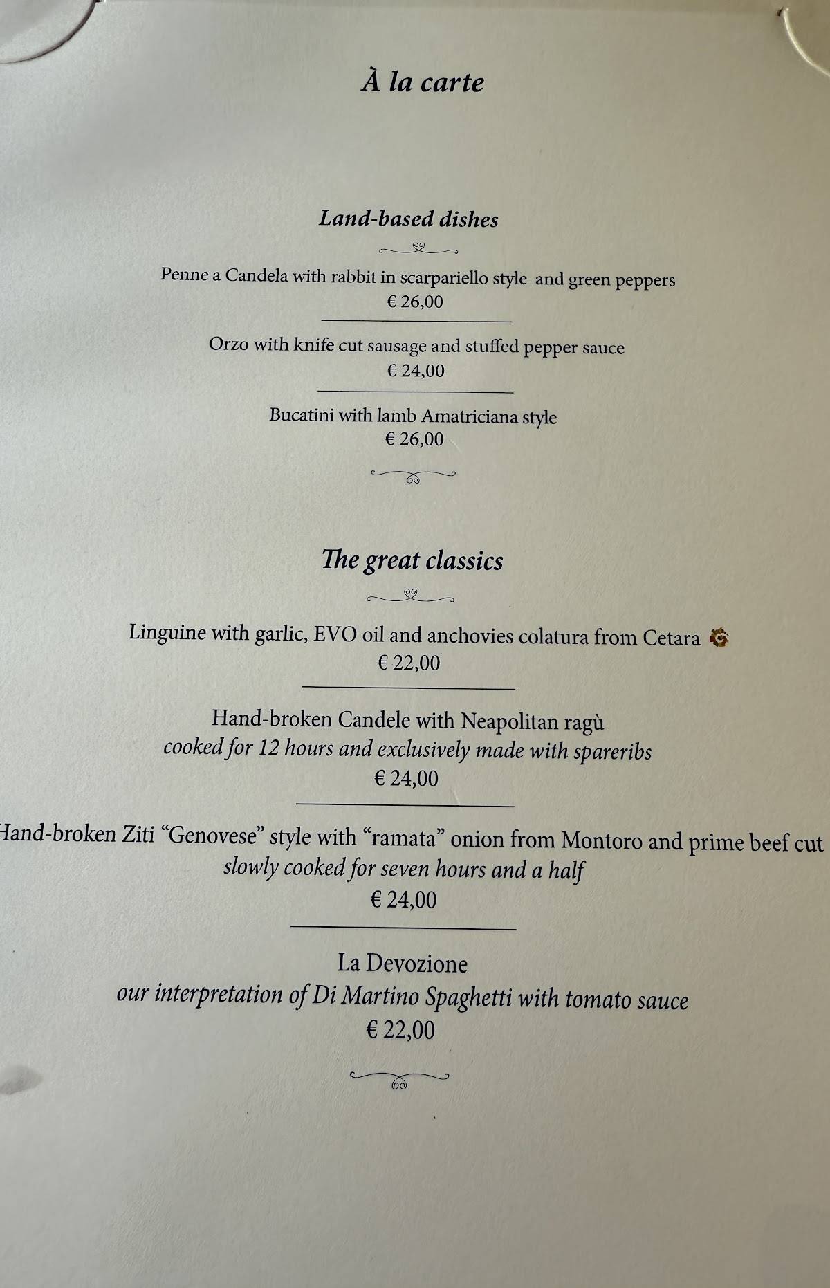 Menu di Sea Front Di Martino Pasta Bar 
