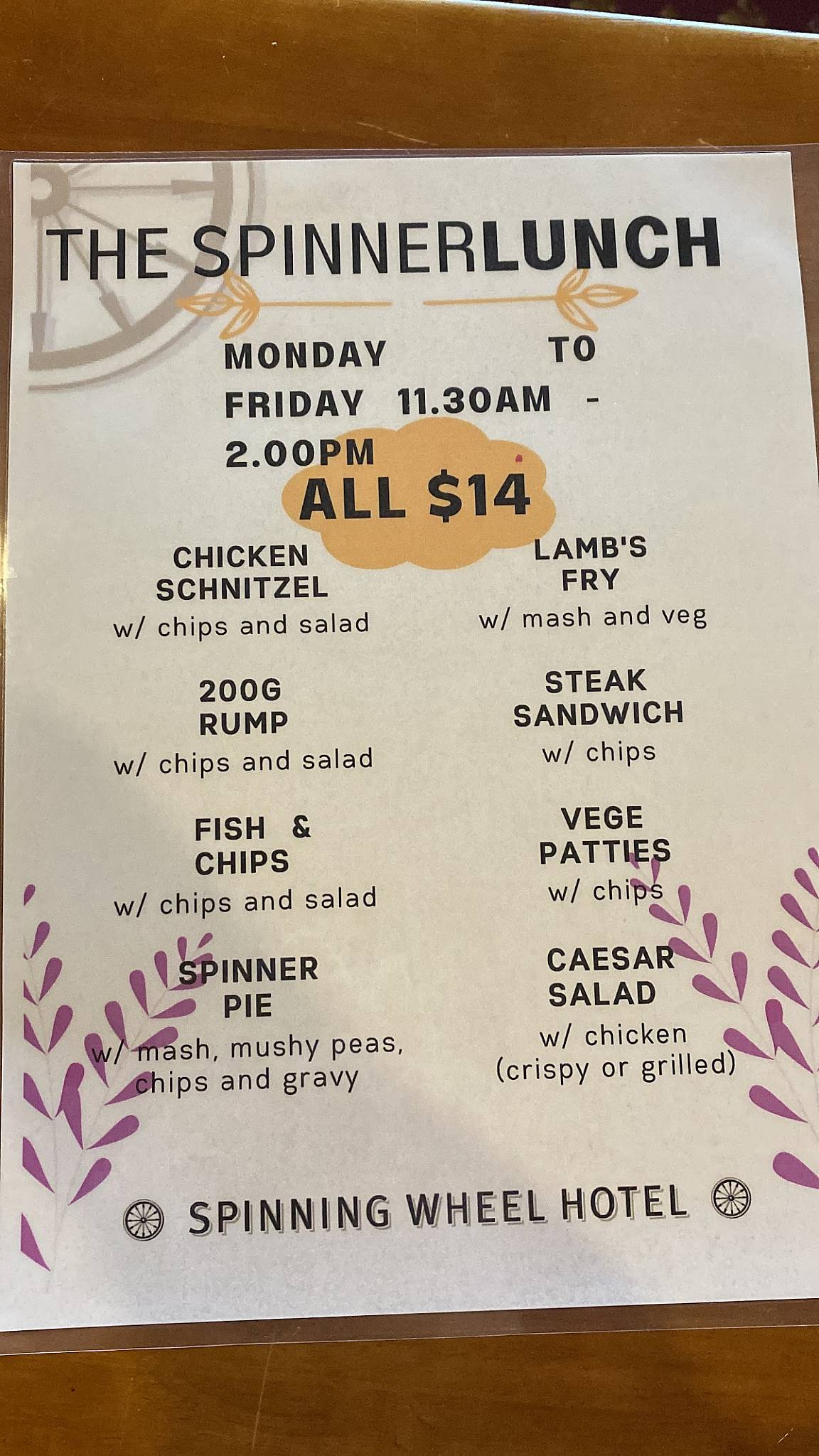 Menu at Spinning Wheel Hotel pub & bar, Raymond Terrace