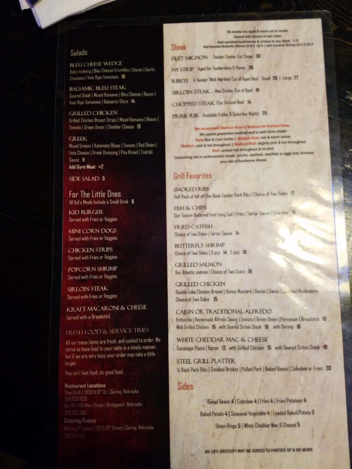 Menu at Steel Grill Restaurant & Bar, Gering