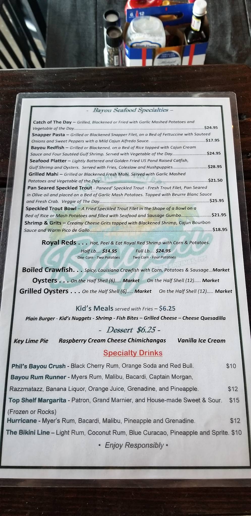 Menu at The Bayou Dockside Bar & Grill, Ocean Springs