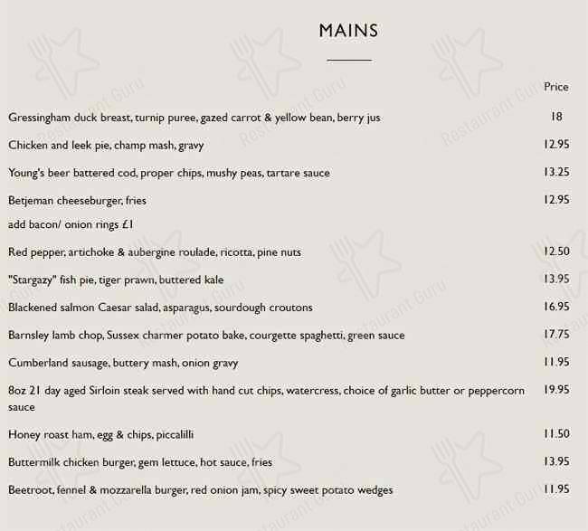 Betjeman Arms menu