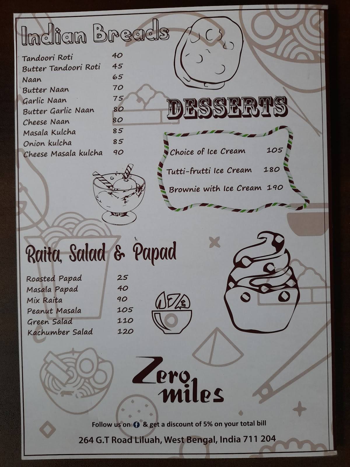Zero Miles Bar & Restaurant menu