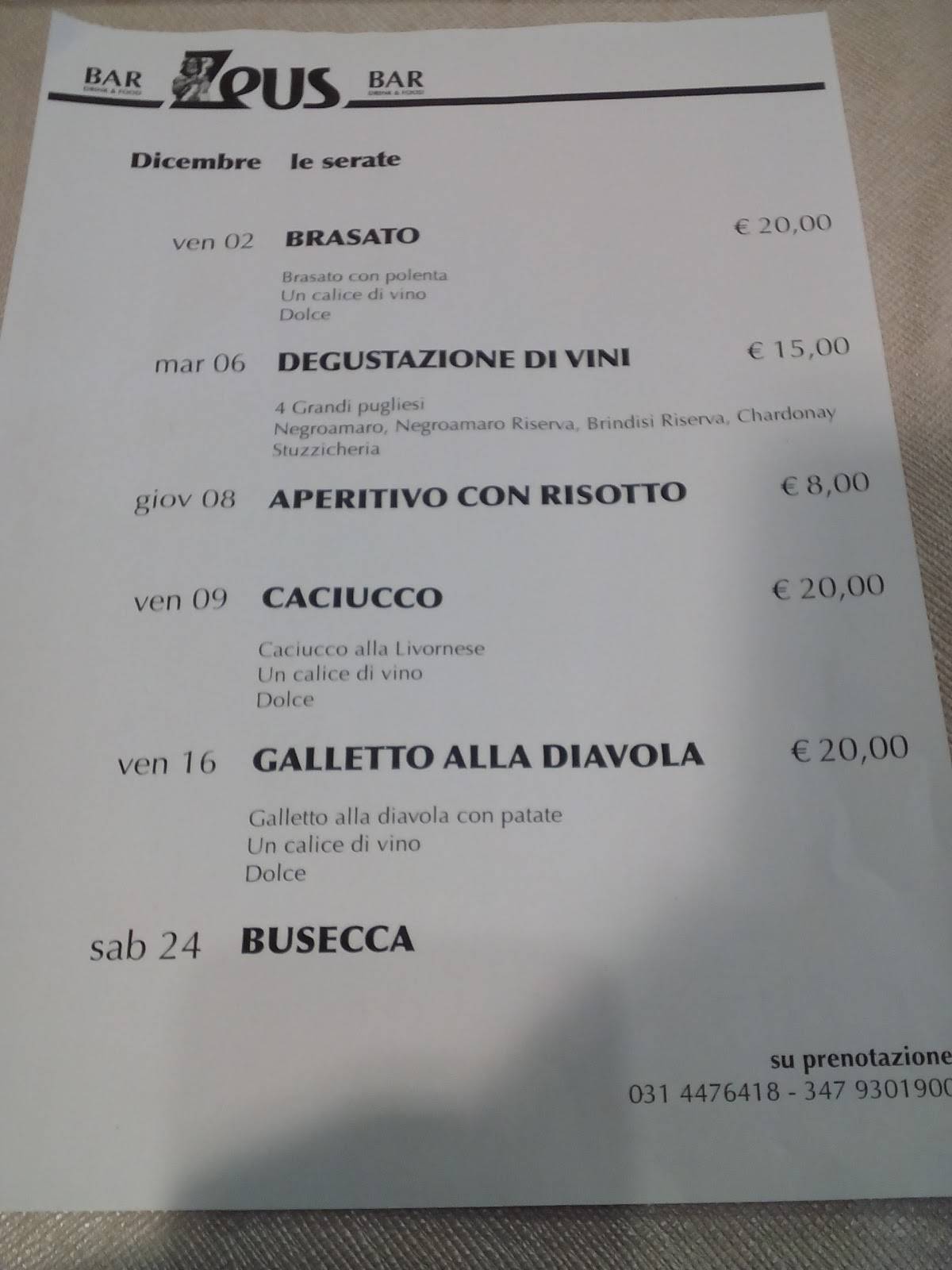 Menu di Zeus Bar - drink & food 