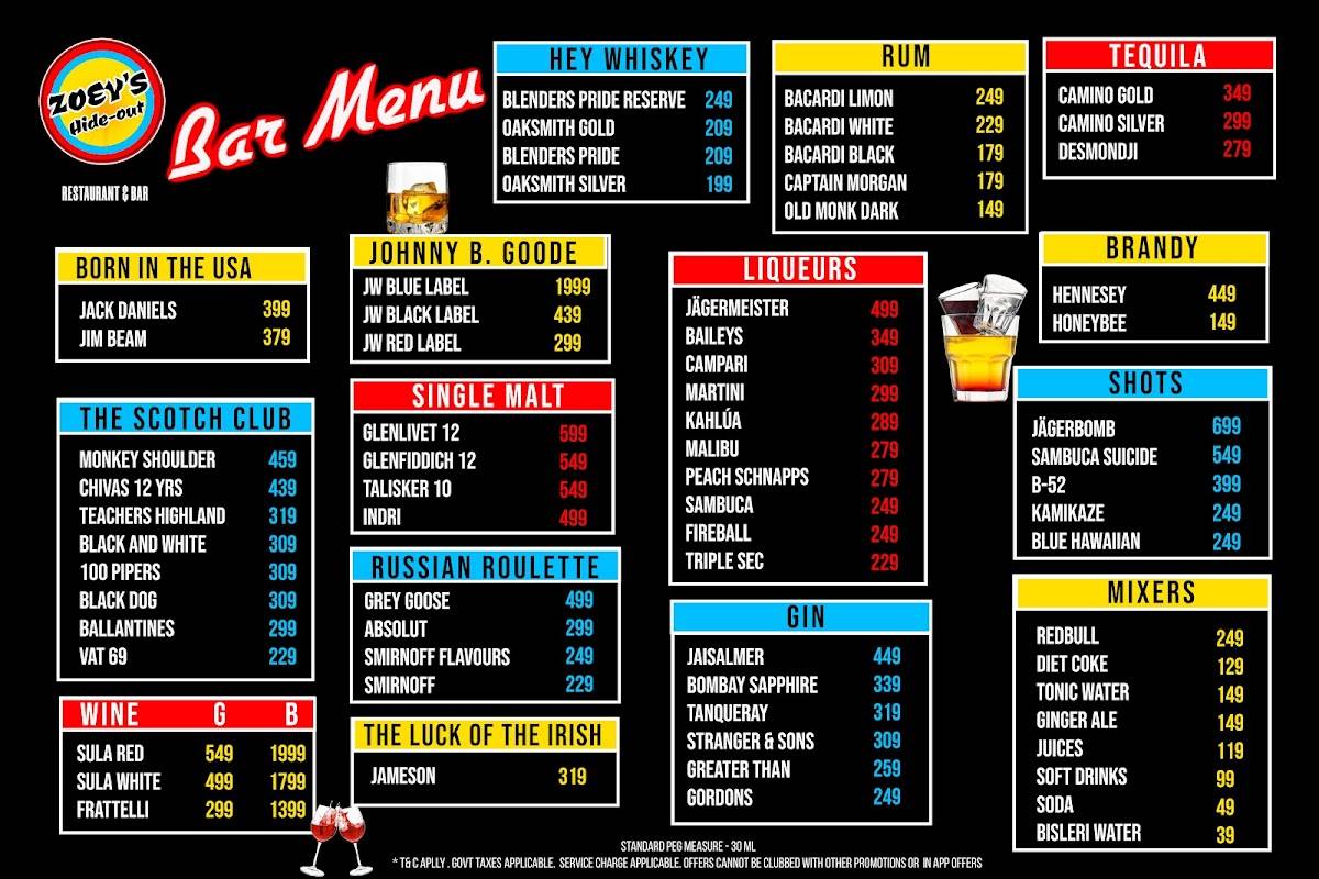 Zoey's Hideout - Restaurant & Bar menu