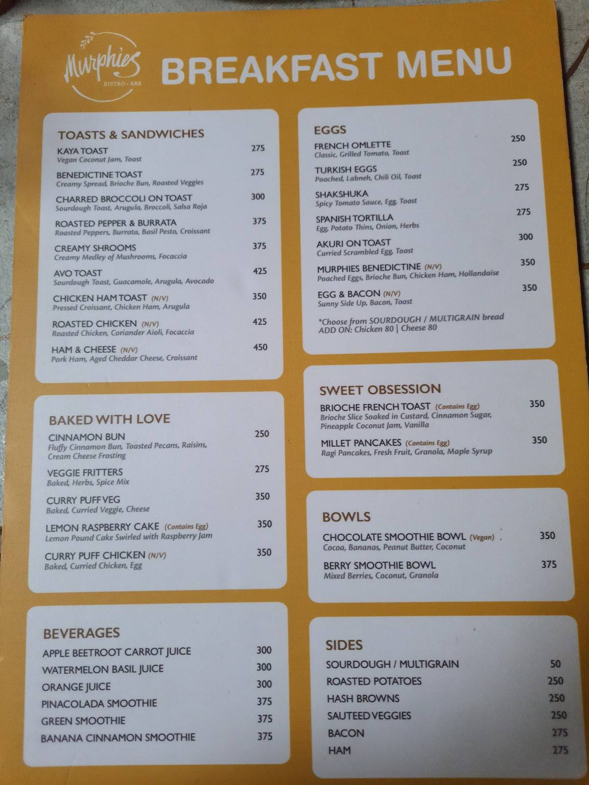 Murphies - Bistro and Bar menu