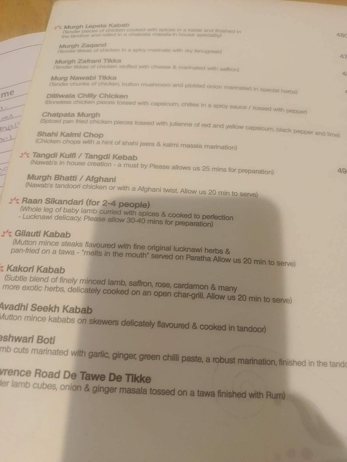 Nawab Asia menu