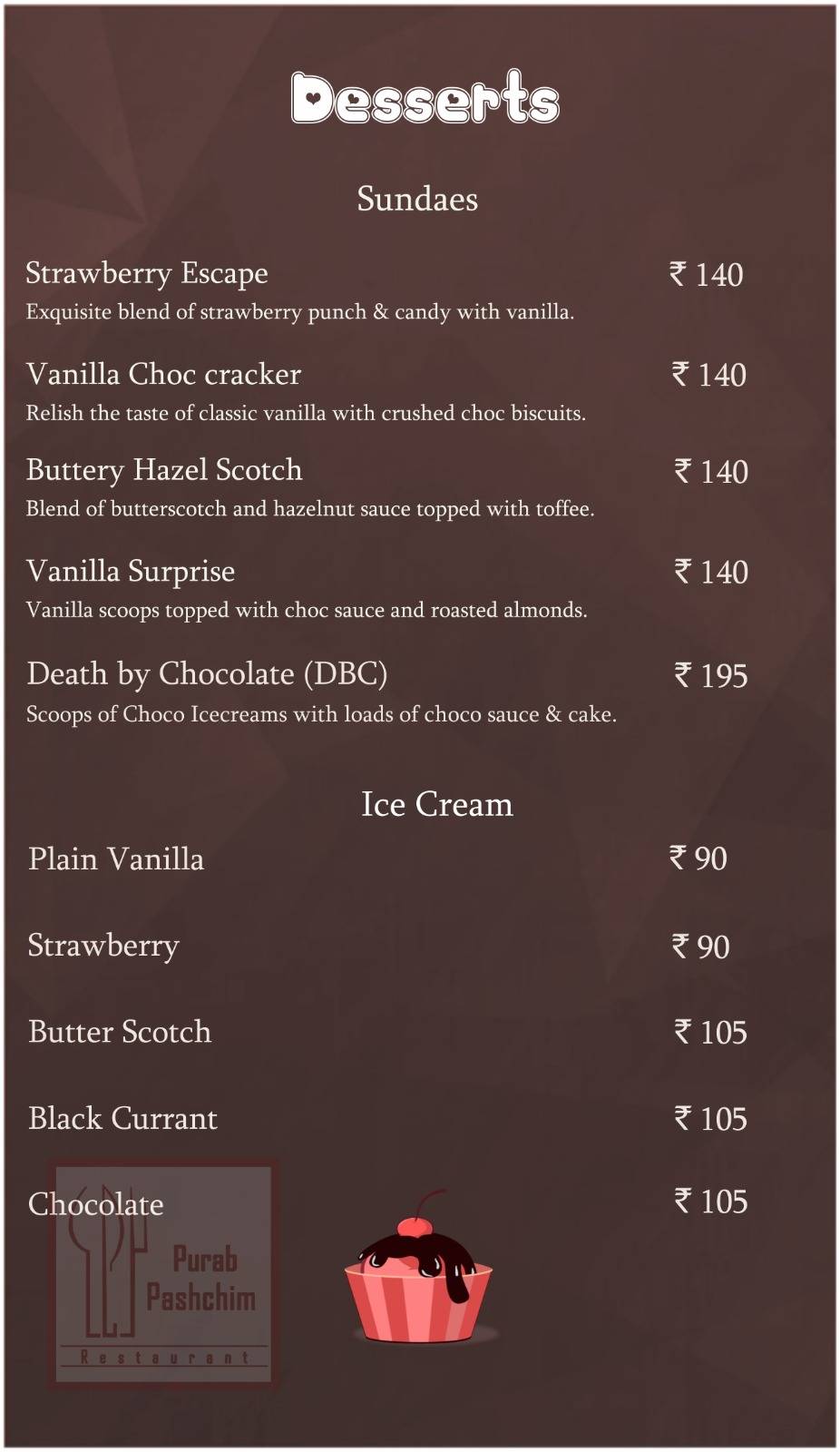 Purab Pashchim Restaurant menu