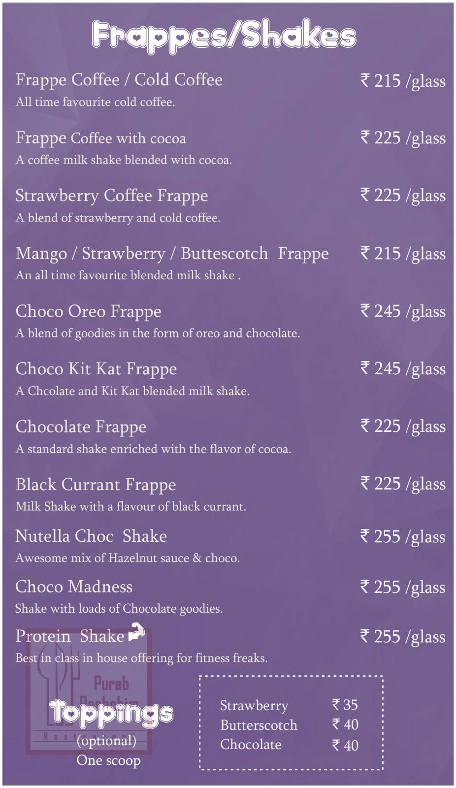 Purab Pashchim Restaurant menu