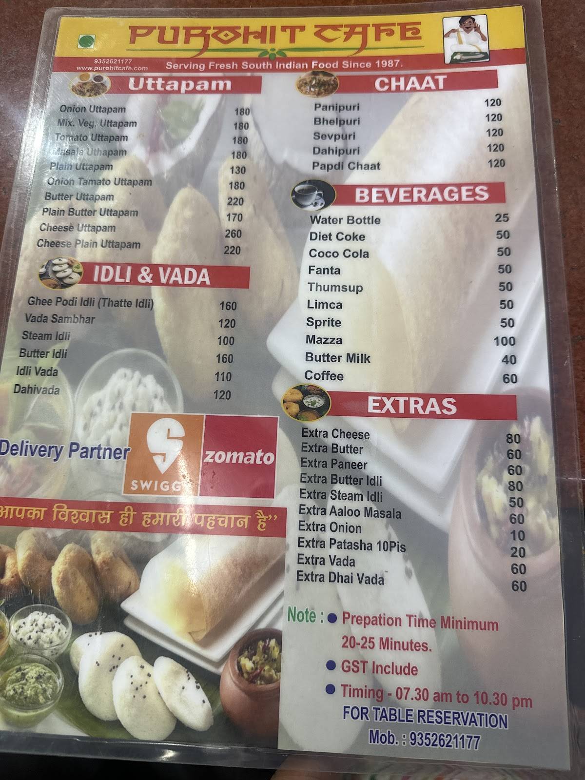 Purohit Cafe .. Where taste, trust, and tradition meet — since 1987. menu