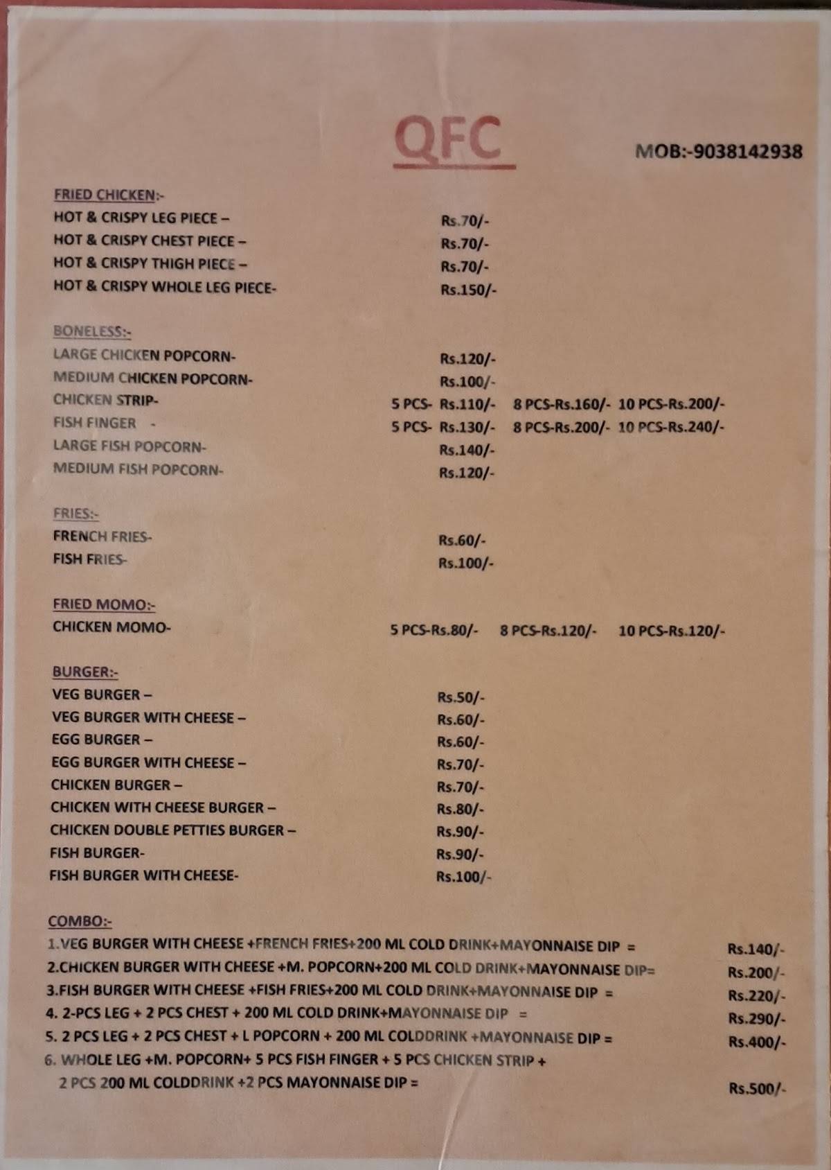 QFC - Quality fried chicken menu