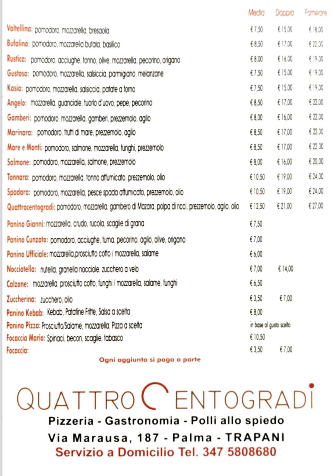 Menu di Quattrocentogradi Pizzeria Gastronomia Polli allo spiedo Palma Marausa 