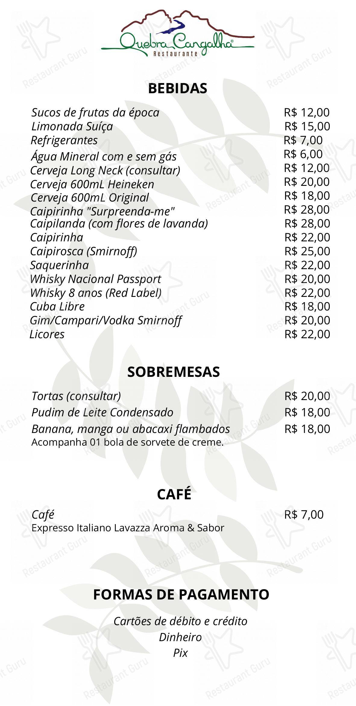 Menu bar para Quebra Cangalha restaurante