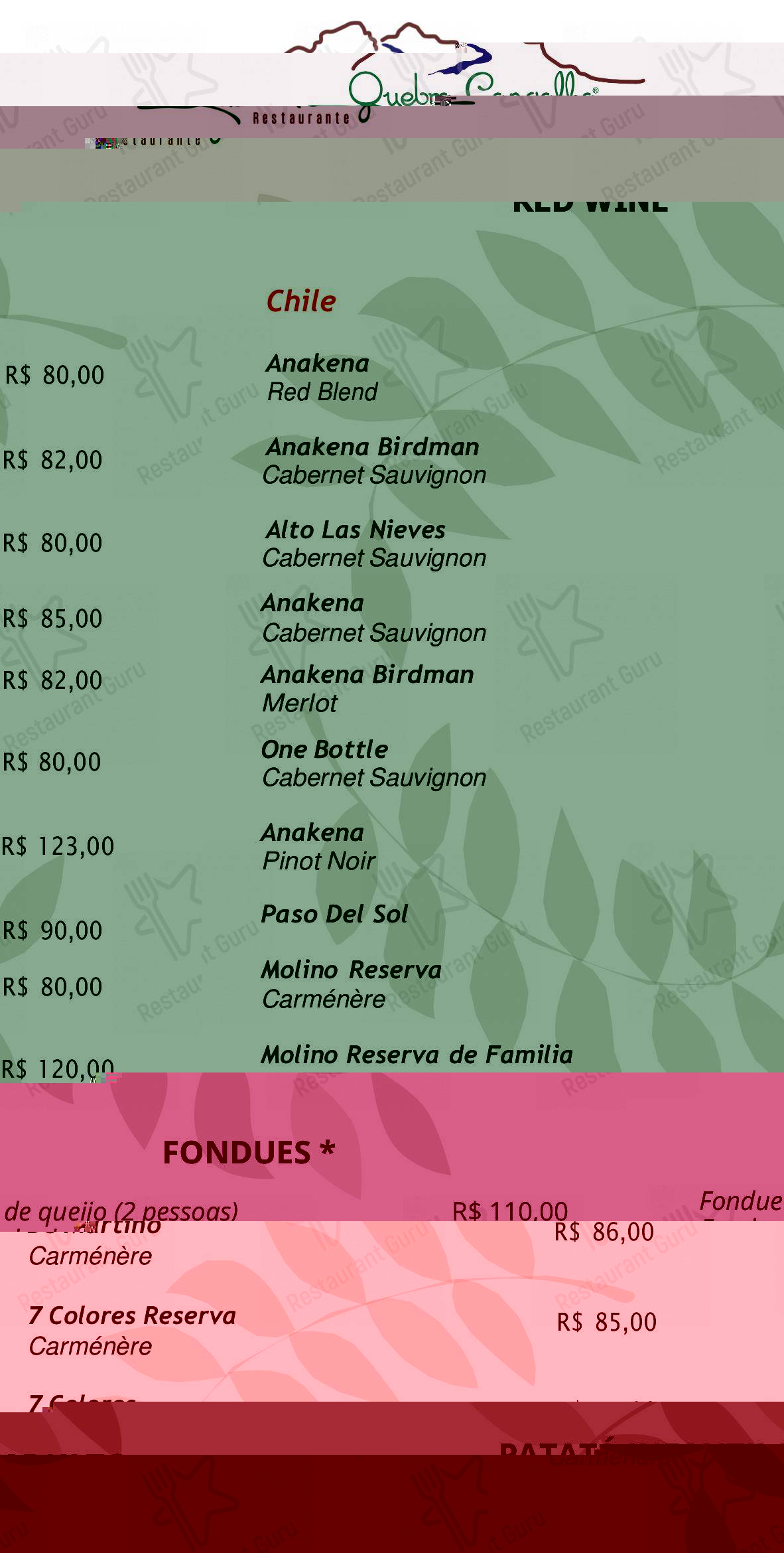 Menu bar para Quebra Cangalha restaurante