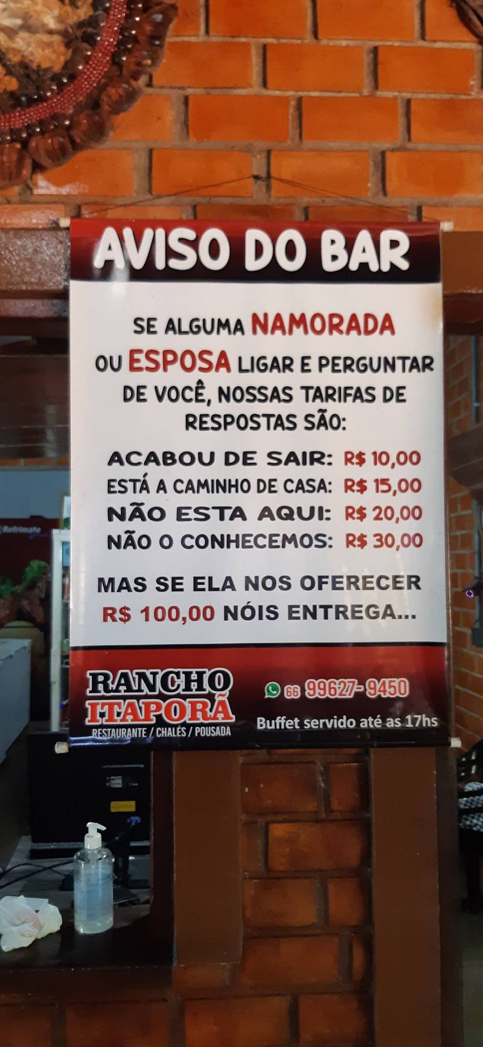 Rancho Itaporã - Pousada cardápio