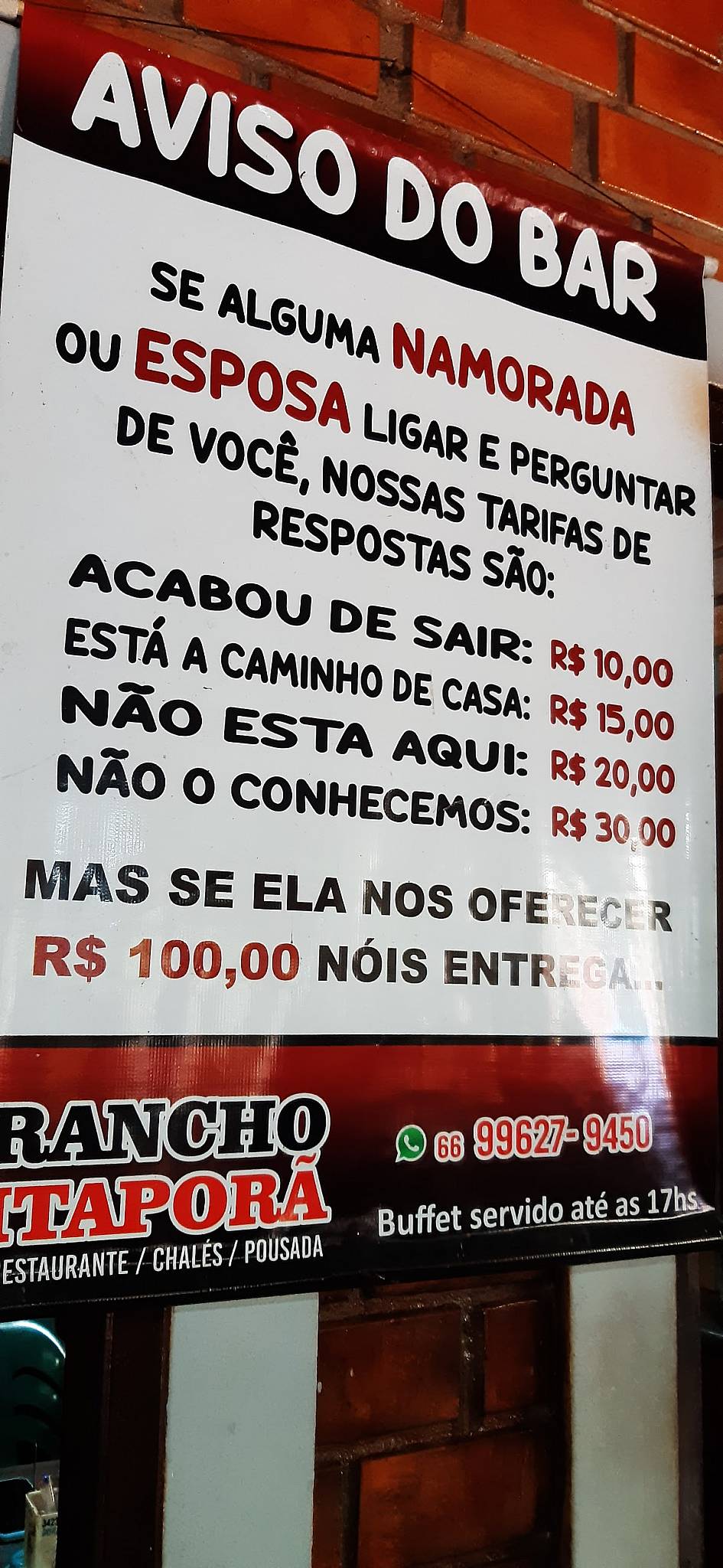 Rancho Itaporã - Pousada cardápio