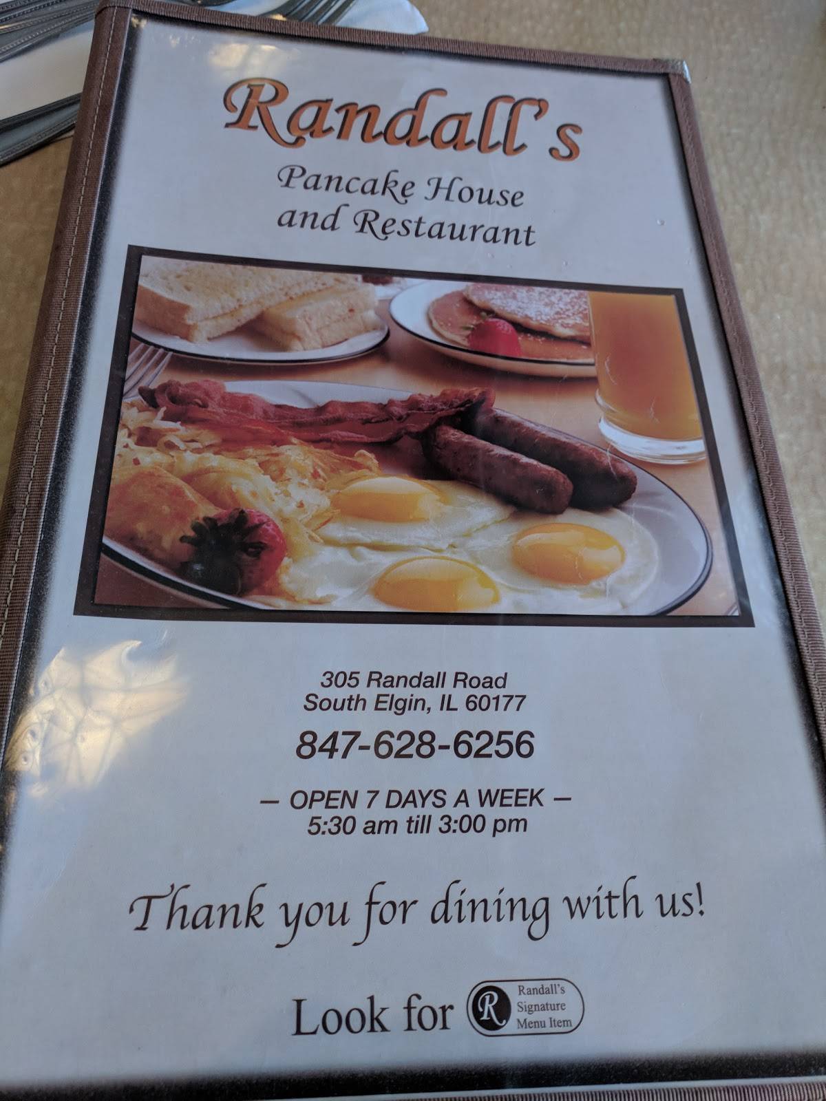 Menu at Randall's Pancake House restaurant, South Elgin