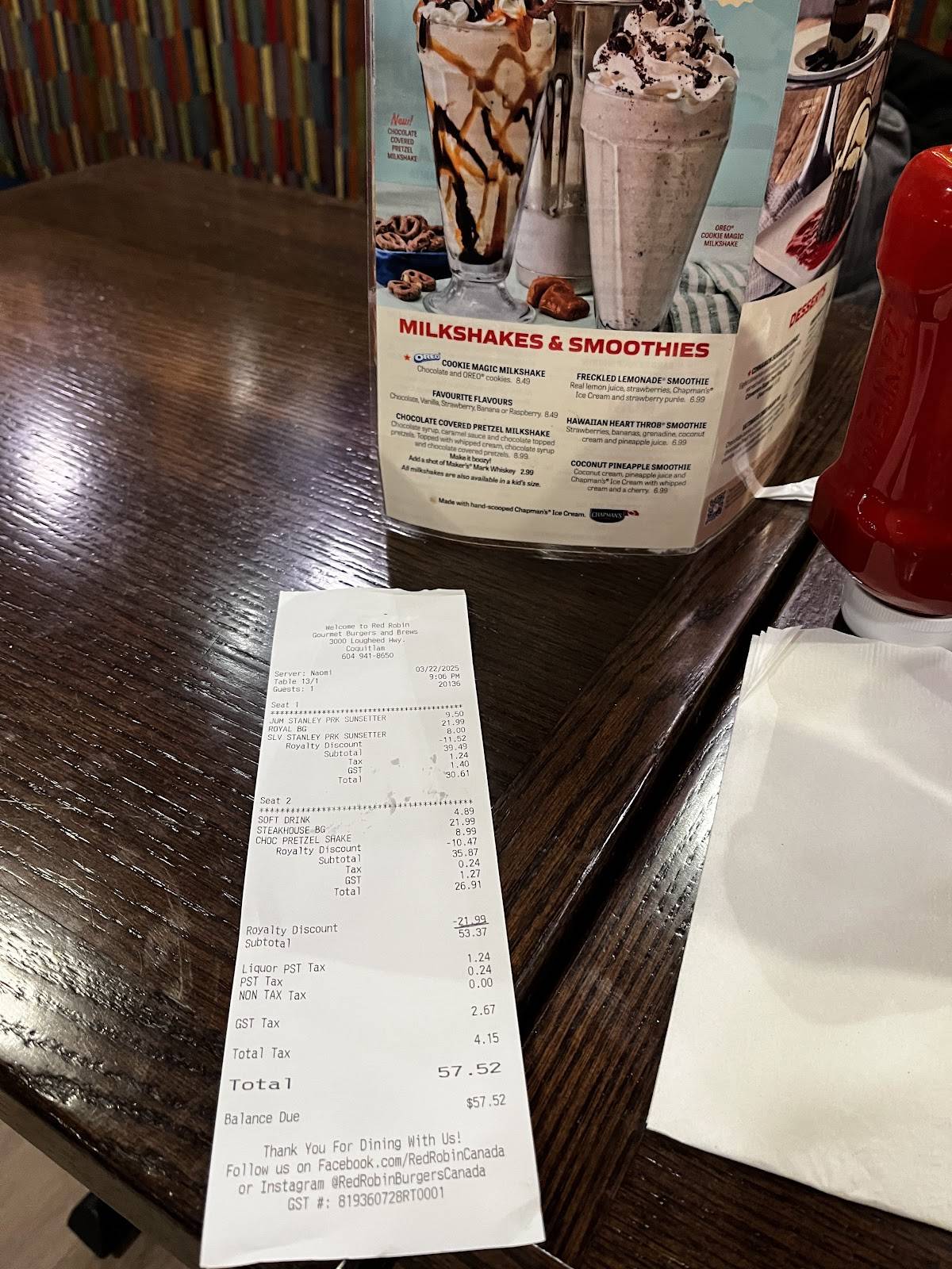 Menu de Red Robin Gourmet Burgers and Brews