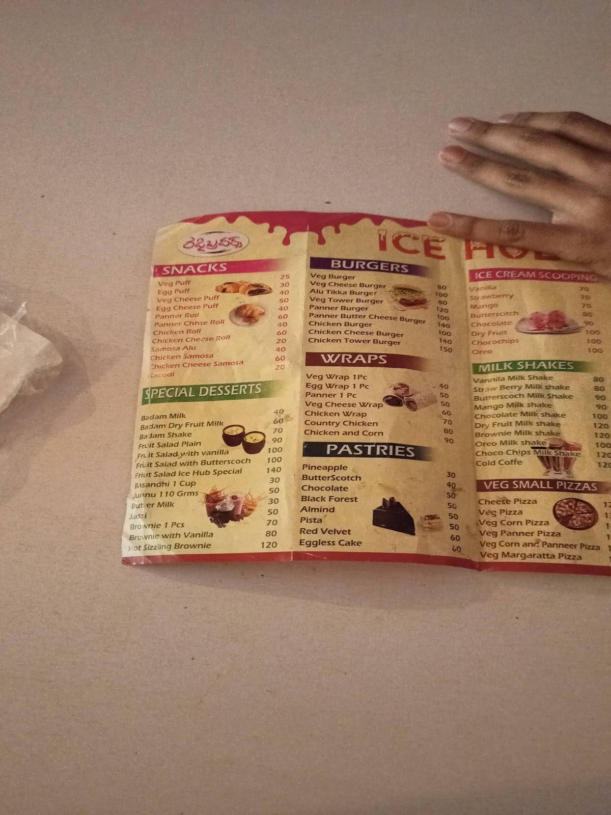 Reddy Brothers Ice Hub menu