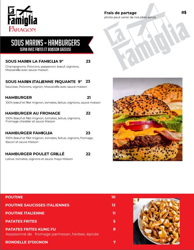 Menu de La Famiglia Paragon