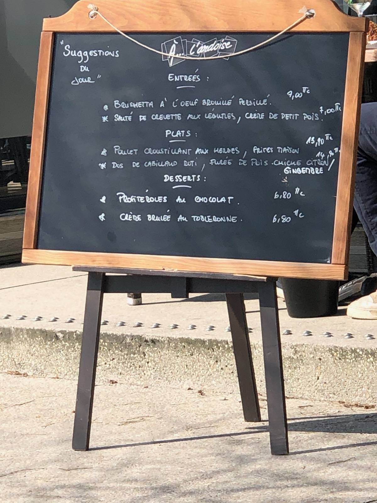 Menu au A l'Ardoise restaurant, Le Havre, 85 Quai de Southampton