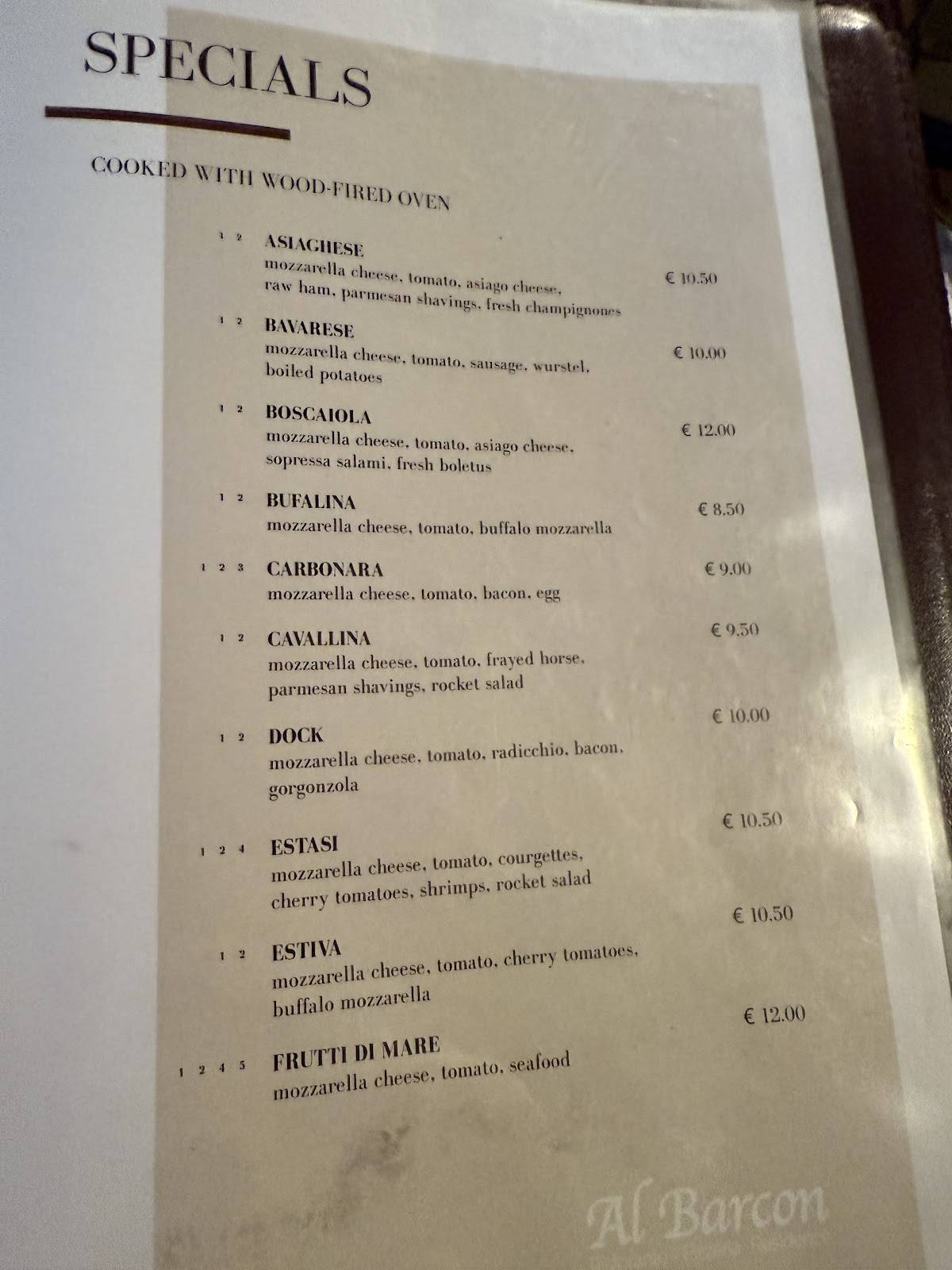 Menu di Al Barcon Ristorante-pizzeria e Residence 