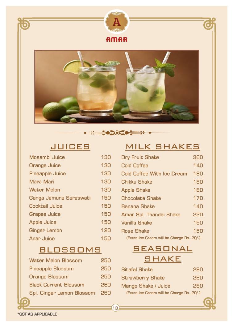 Amar juice centre menu