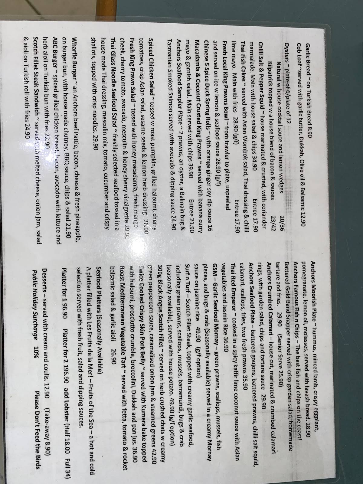 Menu at Anchors Wharf Cafe & Restaurant, Urunga