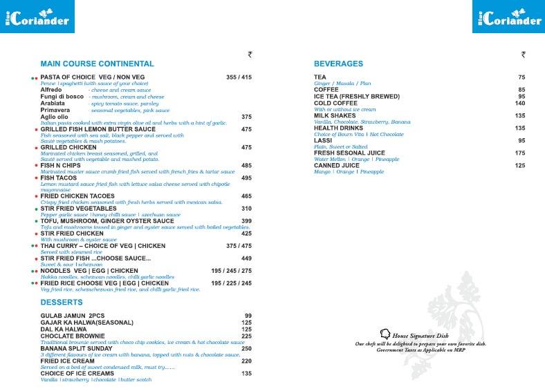 Blue Coriander Jodhpur menu