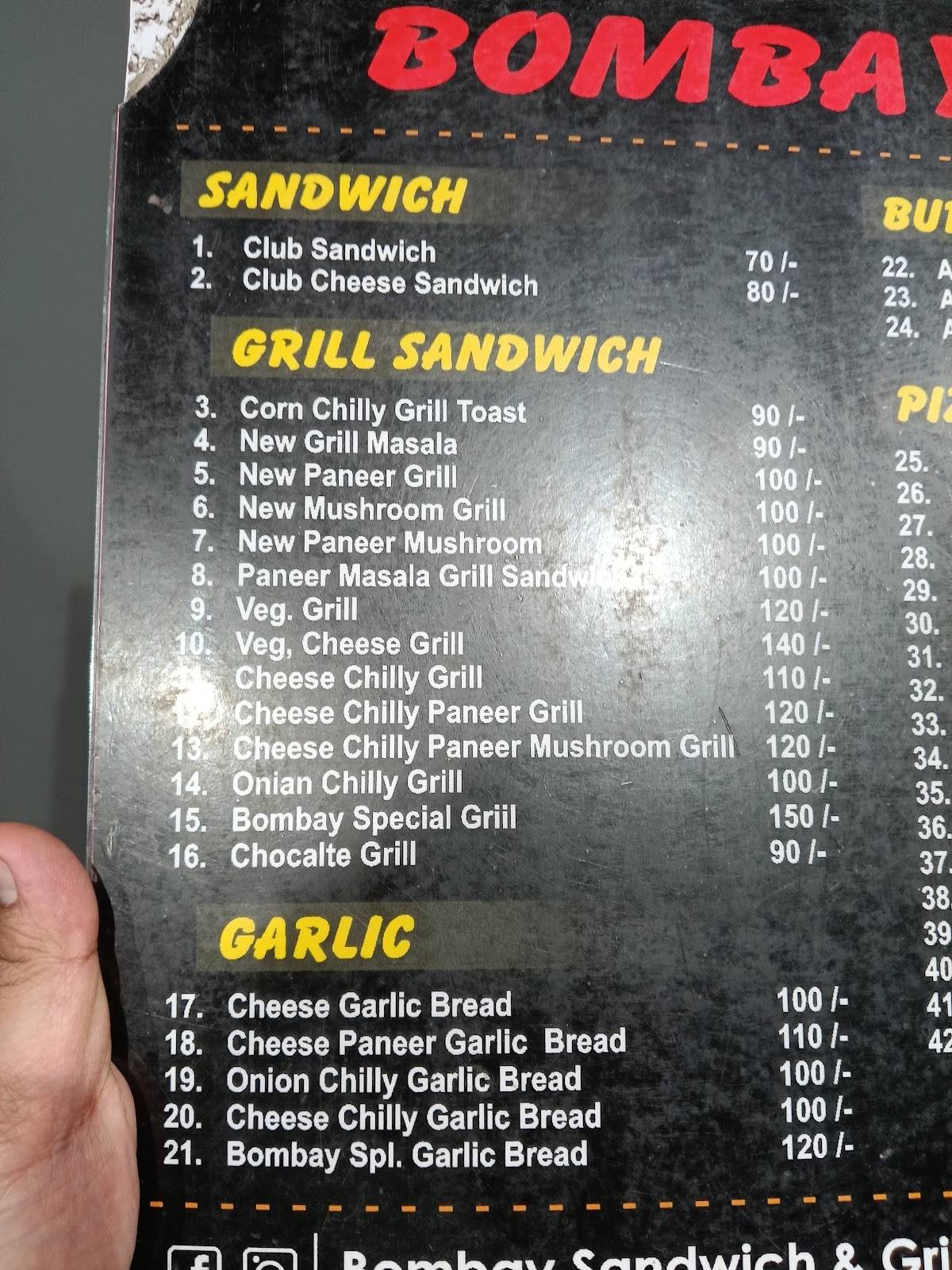 Bombay sandwich & Grill menu