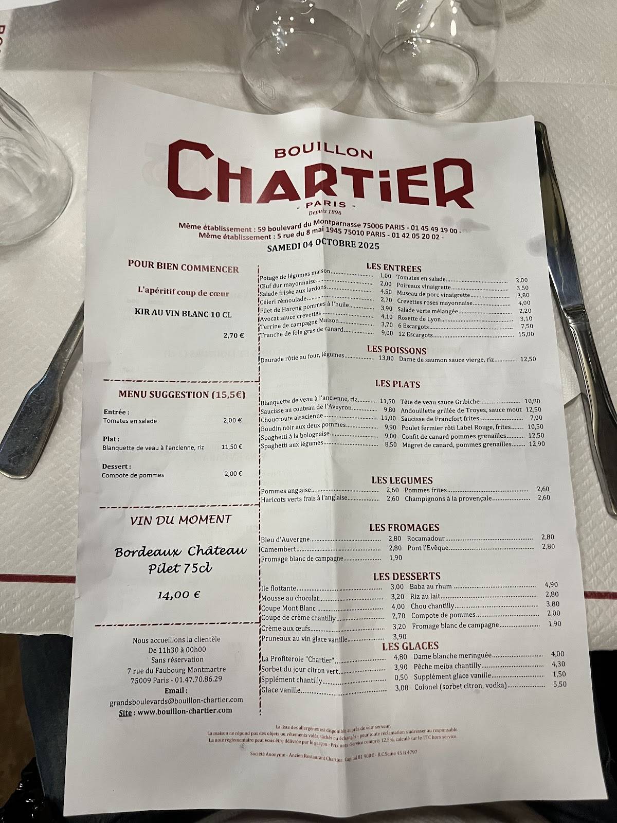 Menu de Bouillon Chartier Grands Boulevards