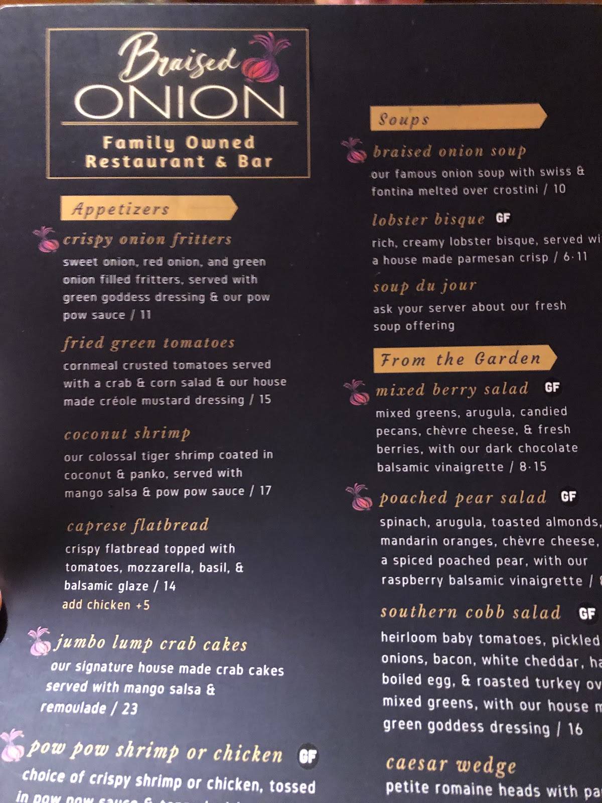 Menu at braised onion restaurant ocala