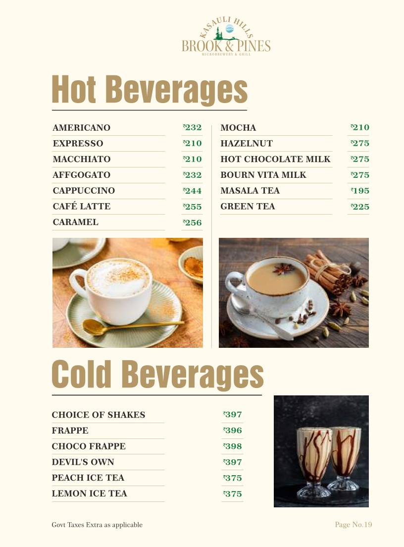 Brook & Pines Restaurant, Microbrewery & Grill menu