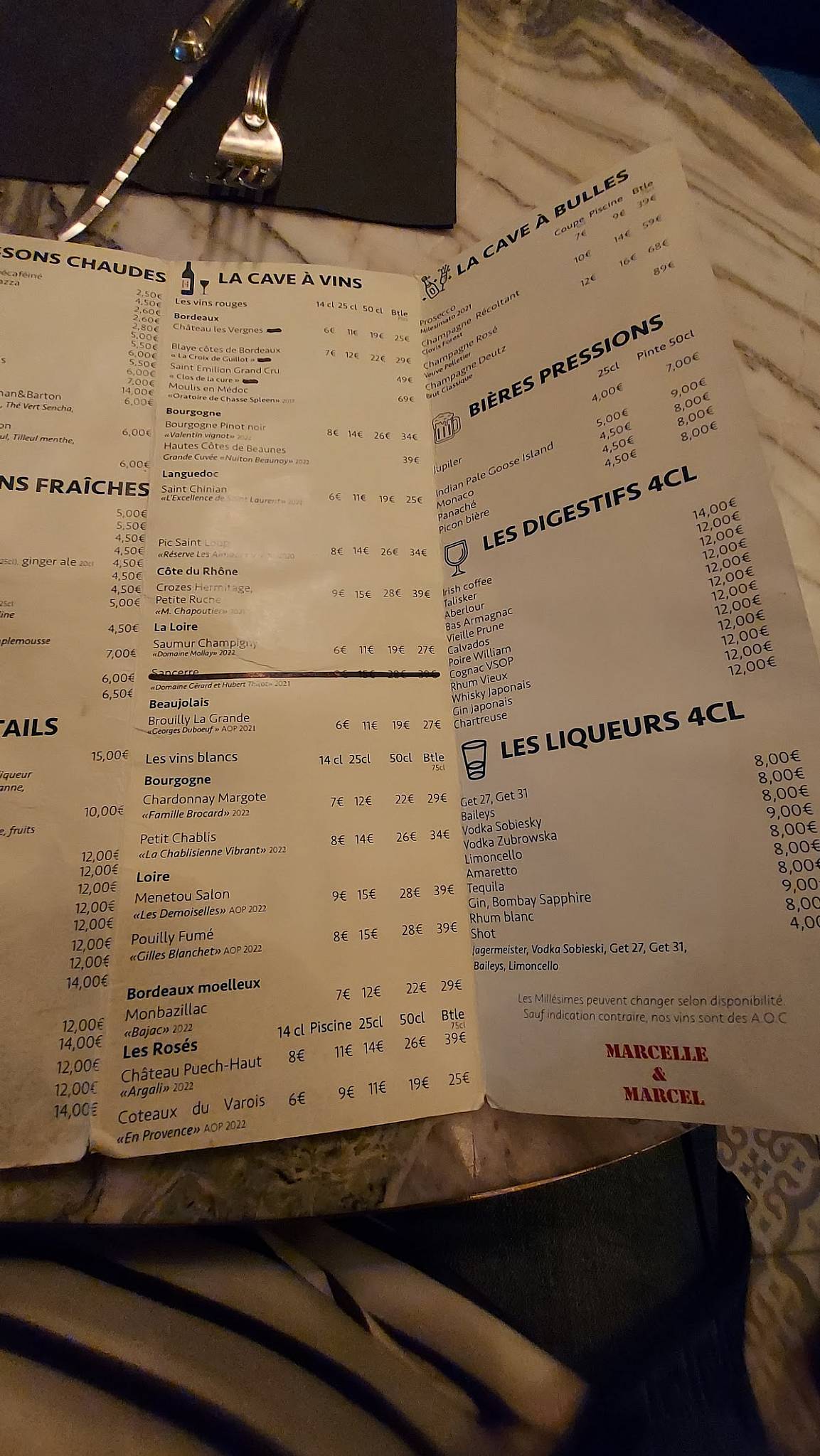 Menu de Café Marcel