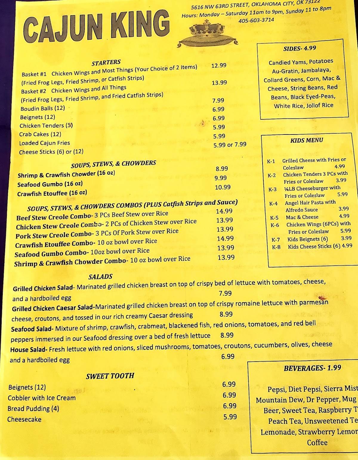 Menu at Cajun King Restaurant and Bar, Warr Acres, NW 63rd St