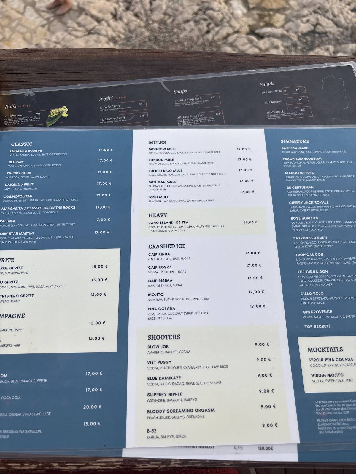 Menu di Carpe Diem Beach Hvar 