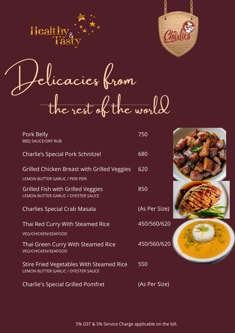 Charlie's Restaurant and Bar Restaurant in Vagator menu