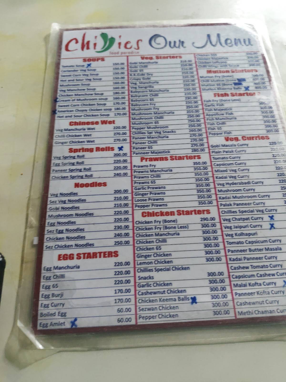 Chillies Restaurant menu