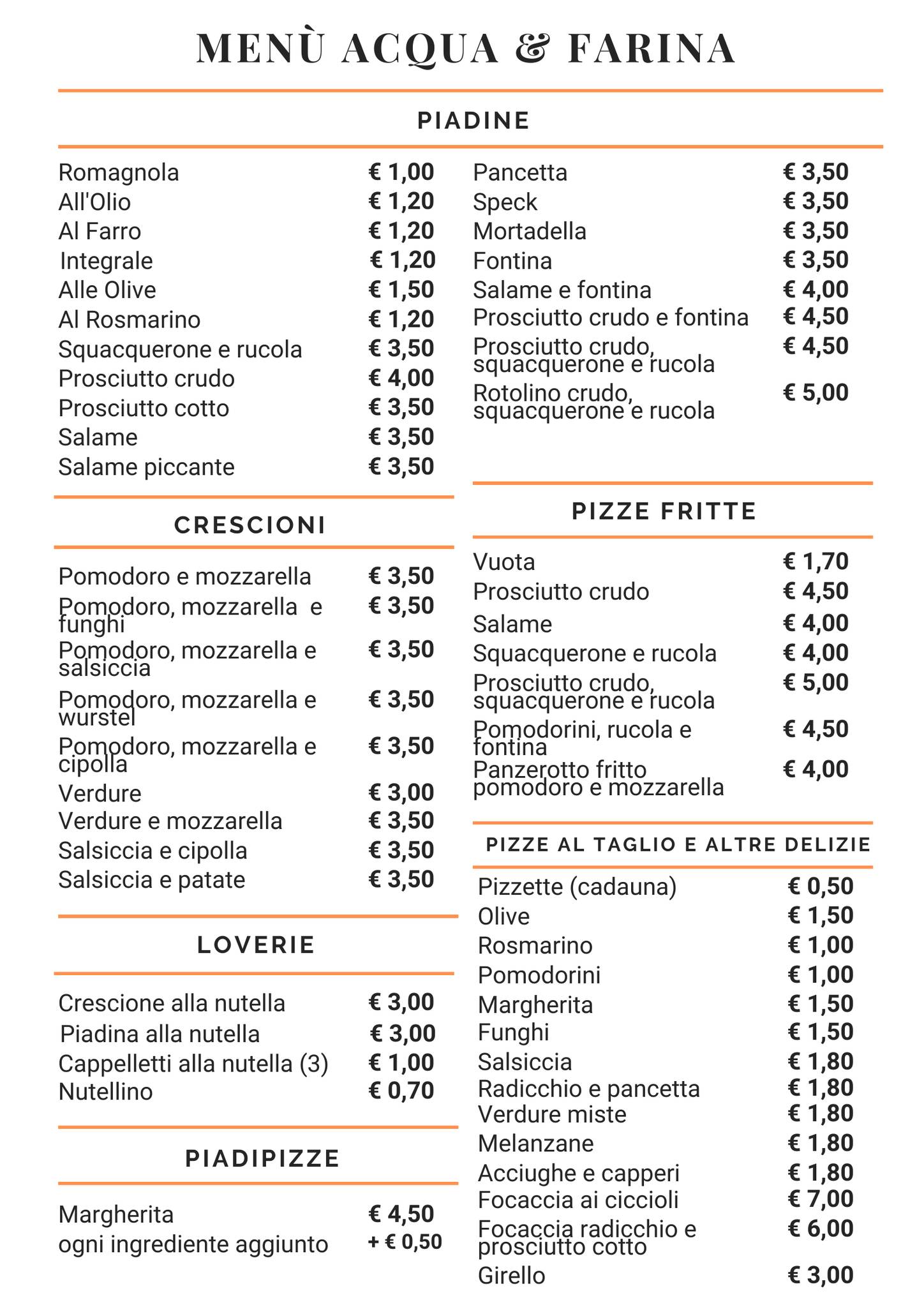 Menu di Chiosco AcquaeFarina 