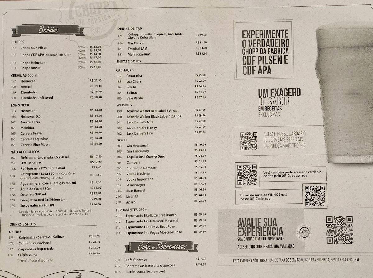 Chopp da Fábrica Pampulha cardápio