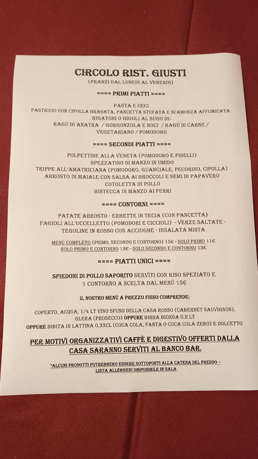 Menu di Circolo RIST. Giusti 
