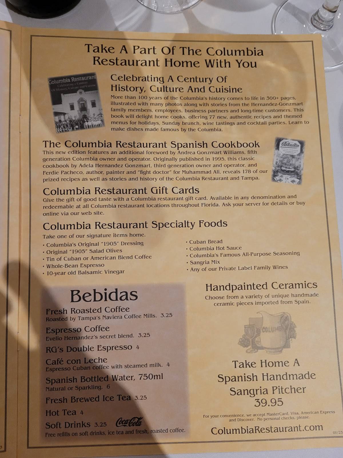 Menu at Columbia Restaurant, Sarasota
